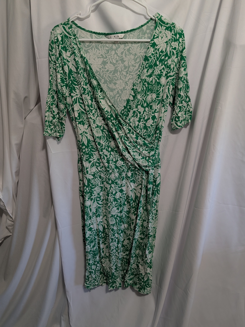 CAbi Green and White Floral Wrap-Style Dress